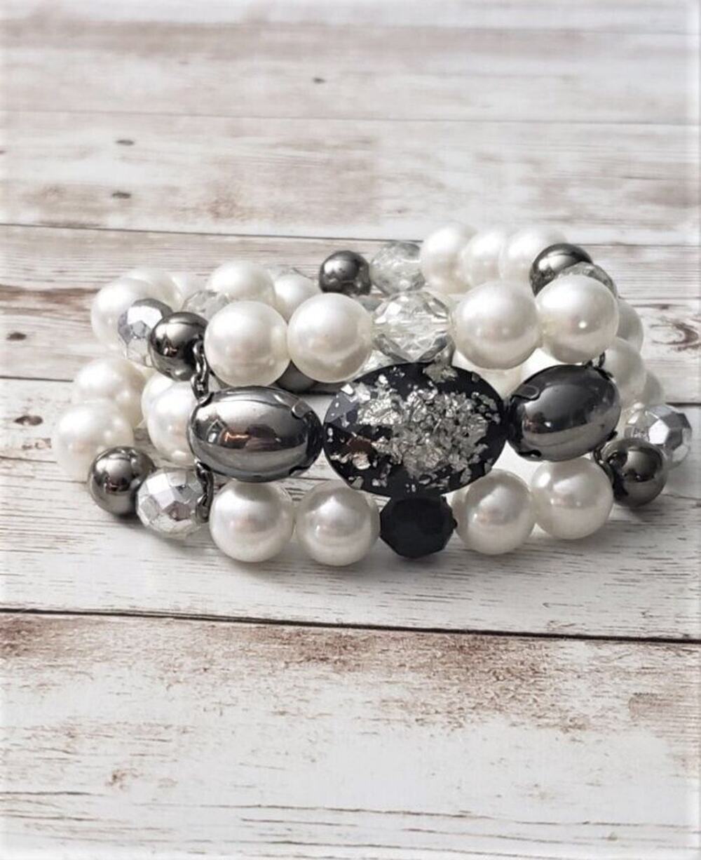 Vintage Stretch Bracelet / Bangle 3 Row Faux Pearl and Metallic Tones